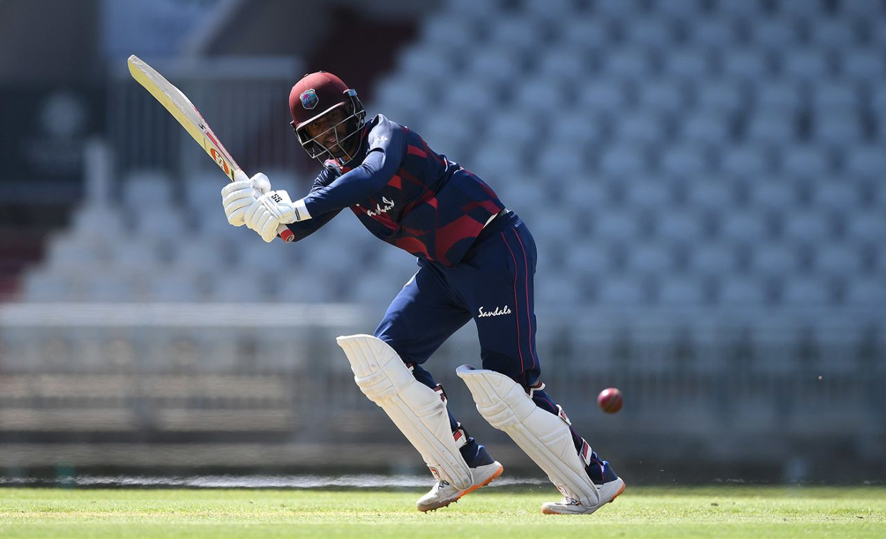 Shai Hope bats during the intra-squad warm-up, Old Trafford, Manchester, June 23, 2020