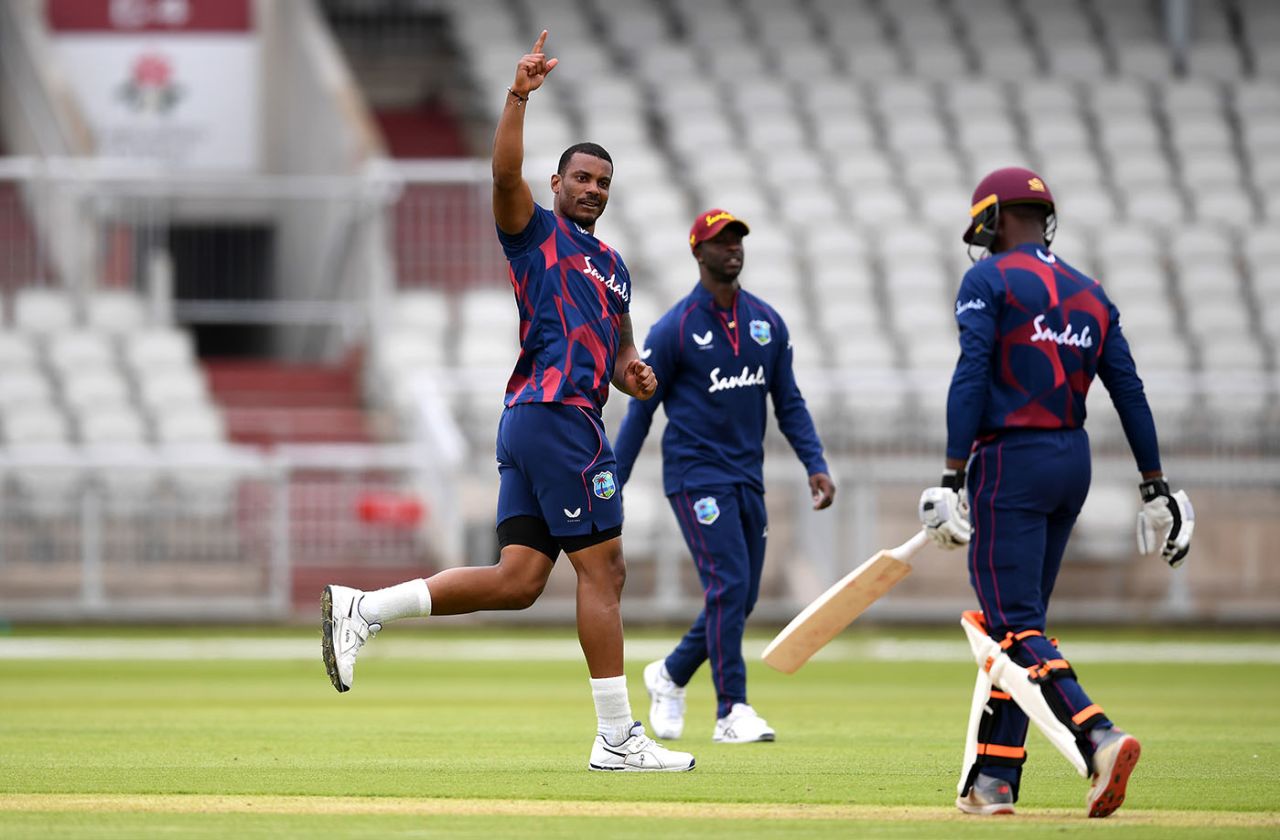 Shannon Gabriel celebrates the wicket of Shamarh Brooks, Old Trafford, Manchester, June 23, 2020