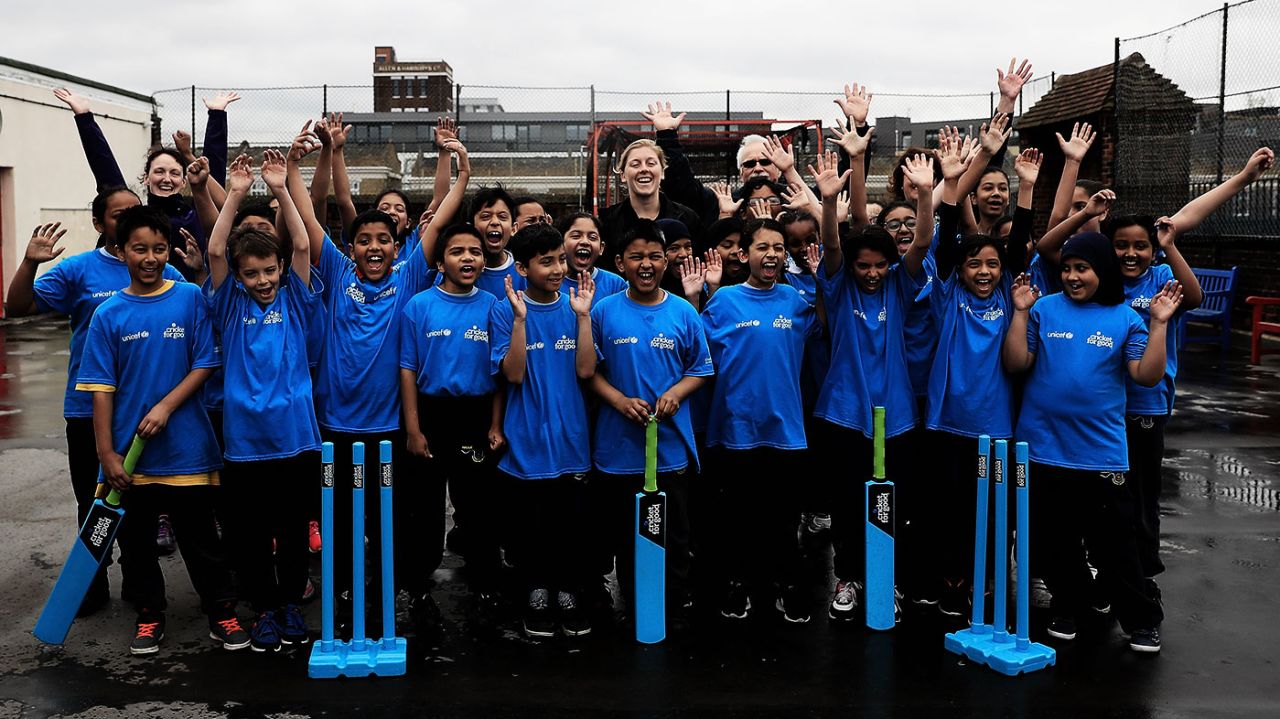 Heather Knight participates in an ICC Cricket for Food programme at Hague Primary School in London, May 15, 2017