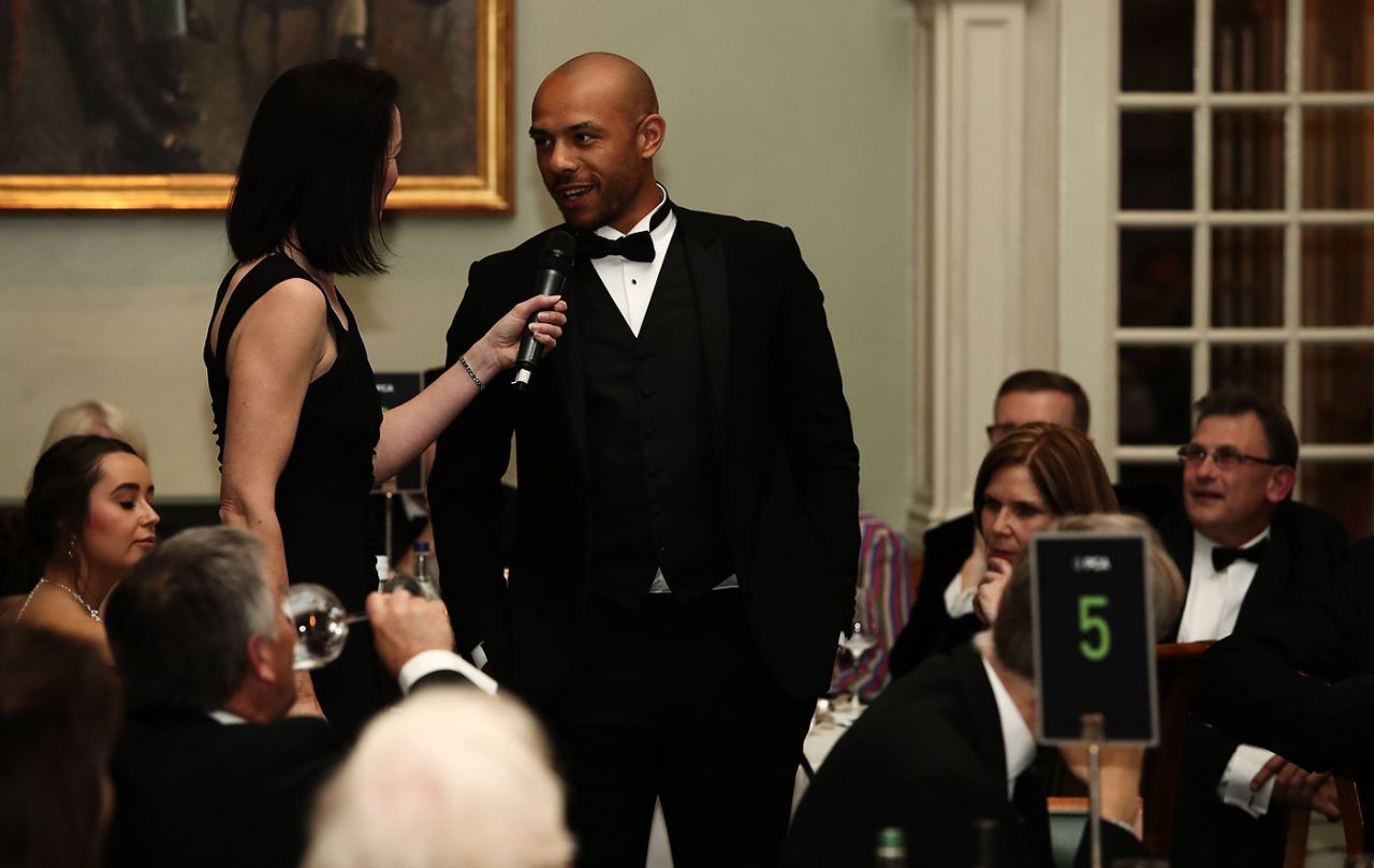 Alison Mitchell interviews Tymal Mills during the PCA season launch dinner, Lord's, April 4, 2019