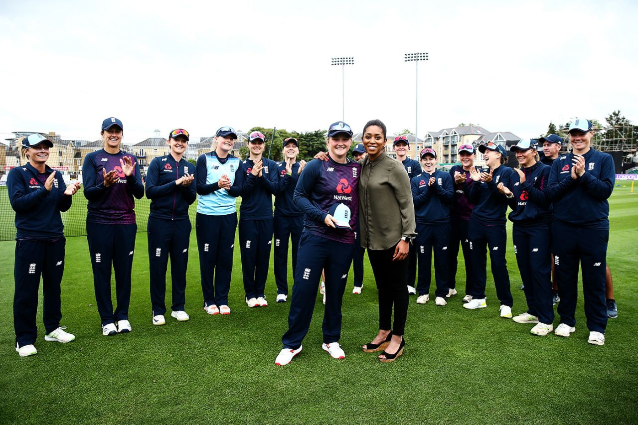 Bryony Smith gets her England cap from Ebony Rainford-Brent, England Women v West Indies Women, 3rd ODI, Chelmsford, June 13, 2019