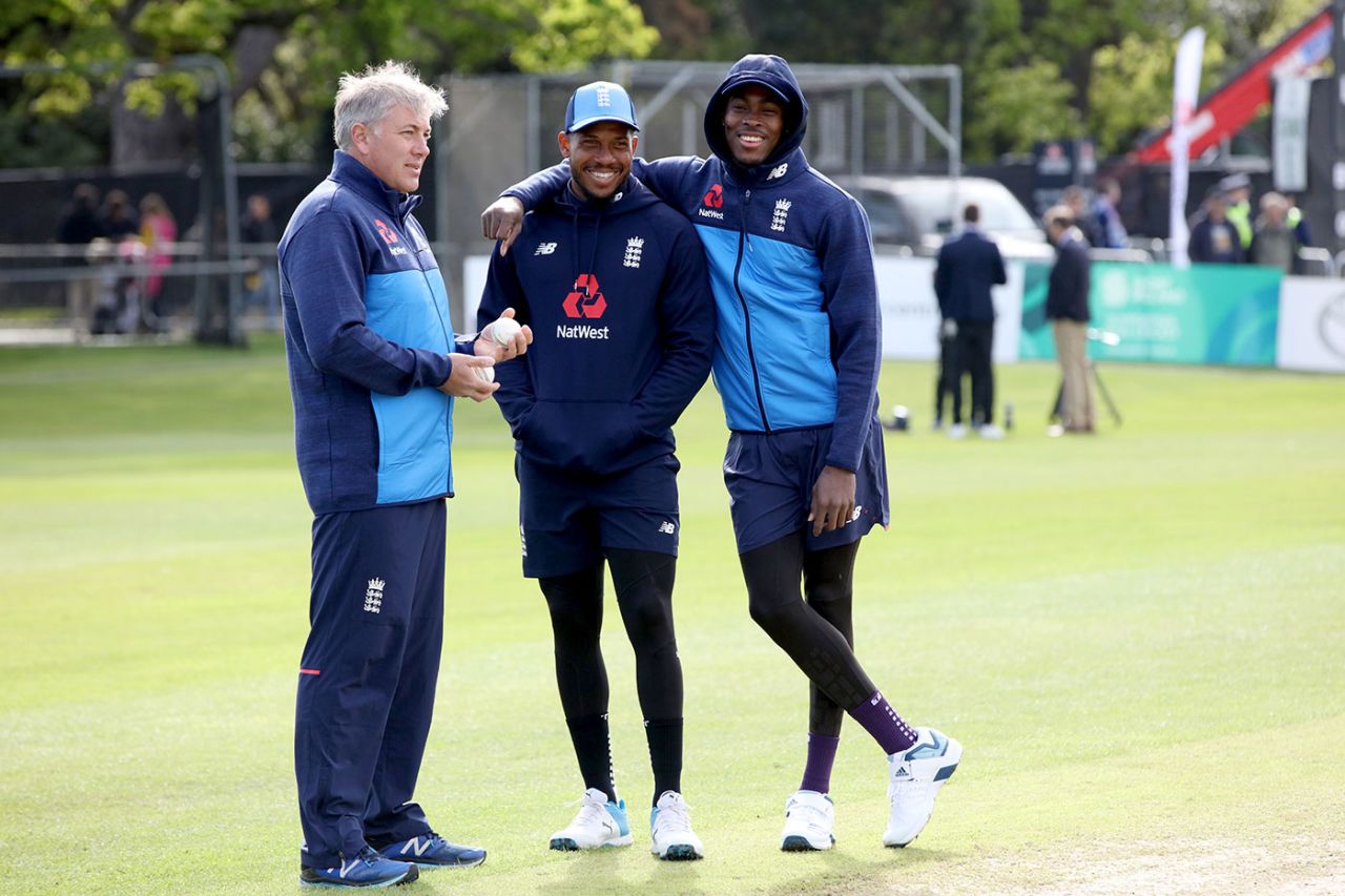 Chris Jordan and Jofra Archer hang out with bowling coach Chris Silverwood, Ireland v England, only ODI, May 3, 2019