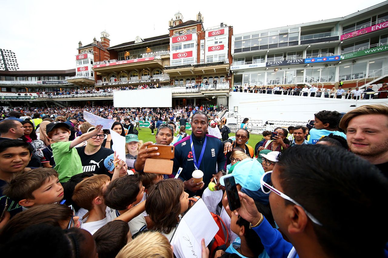 Fans crowd around Jofra Archer for autographs and photos, Lord's, July 15, 2019