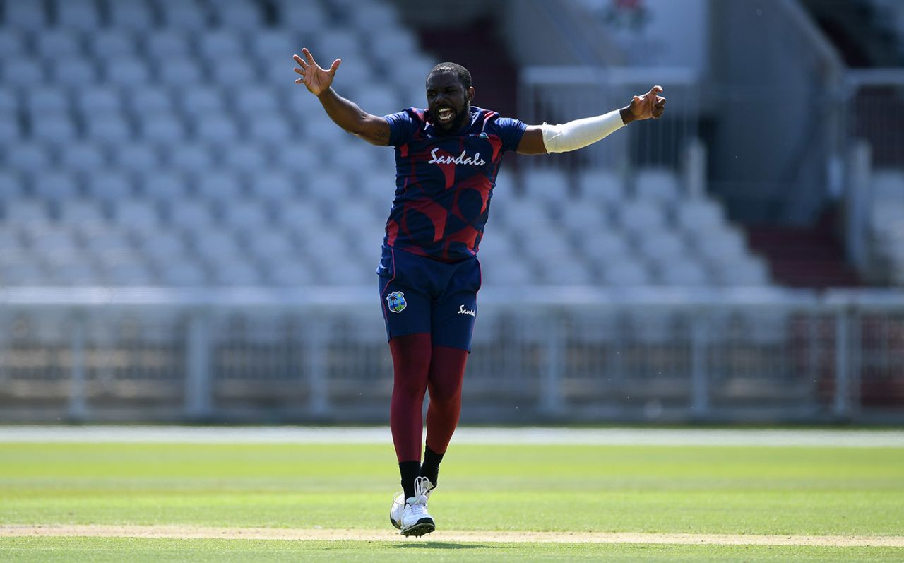 Raymon Reifer appeals succesfully for the wicket of Jason Holder during day two of the intra-squad warm-up, Old Trafford, Manchester, June 24, 2020