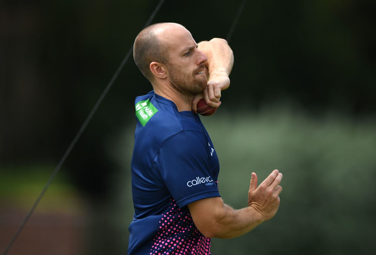 Jack Leach bowls in training, Taunton, June 15, 2020