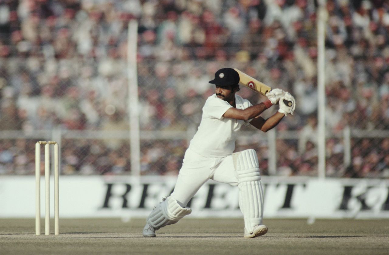 Gundappa Viswanath drives for runs during his century, third Test, India v England, Delhi, India, December 26, 1981 