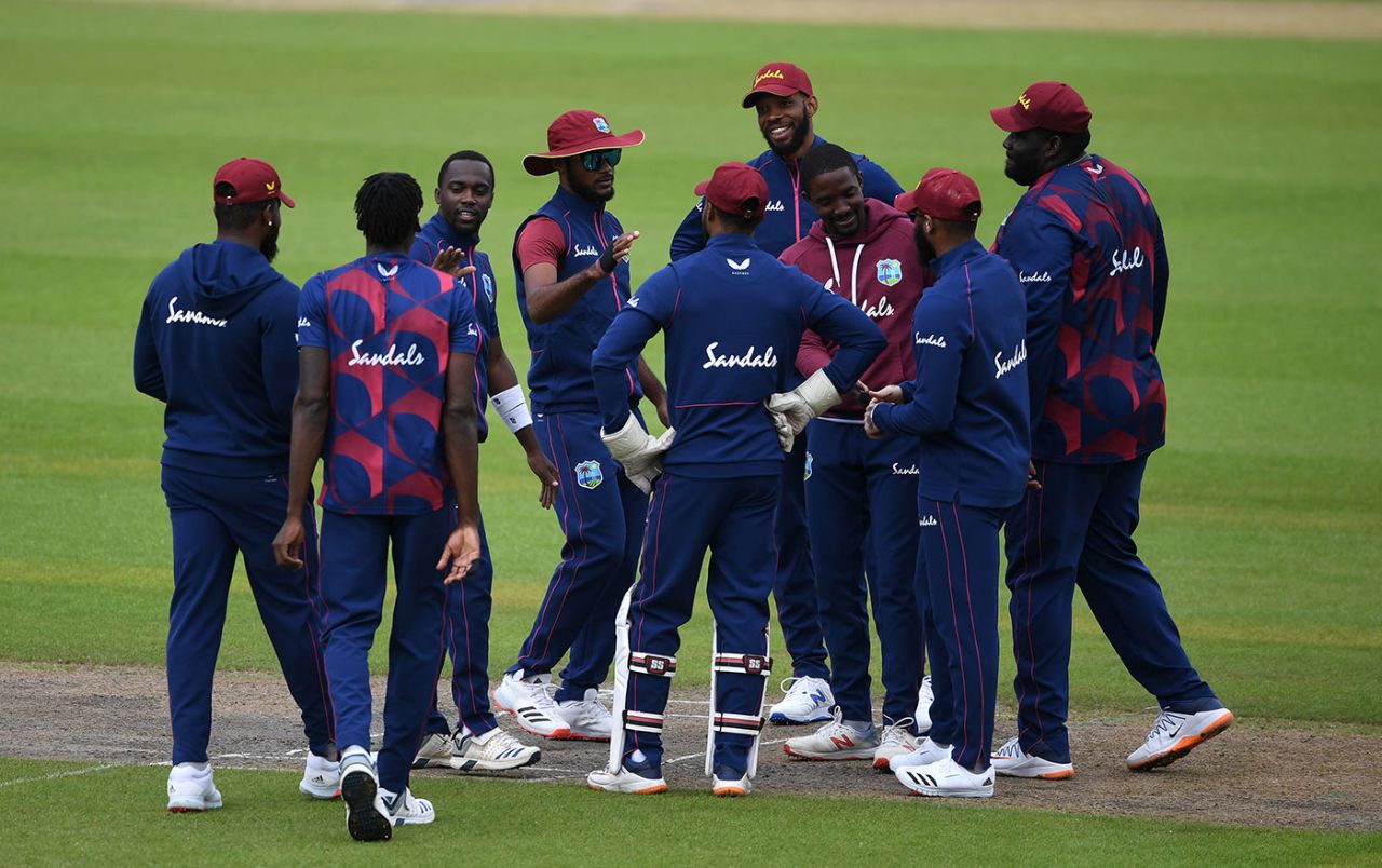 Marquino Mindley celebrates another wicket with his team-mates, Holder XI v Brathwaite XI, Old Trafford, June 30, 2019