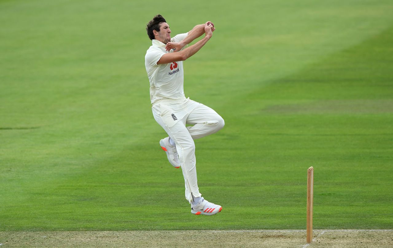 Craig Overton bowls during England's warm-up, Team Buttler v Team Stokes, Ageas Bowl, July 1, 2020
