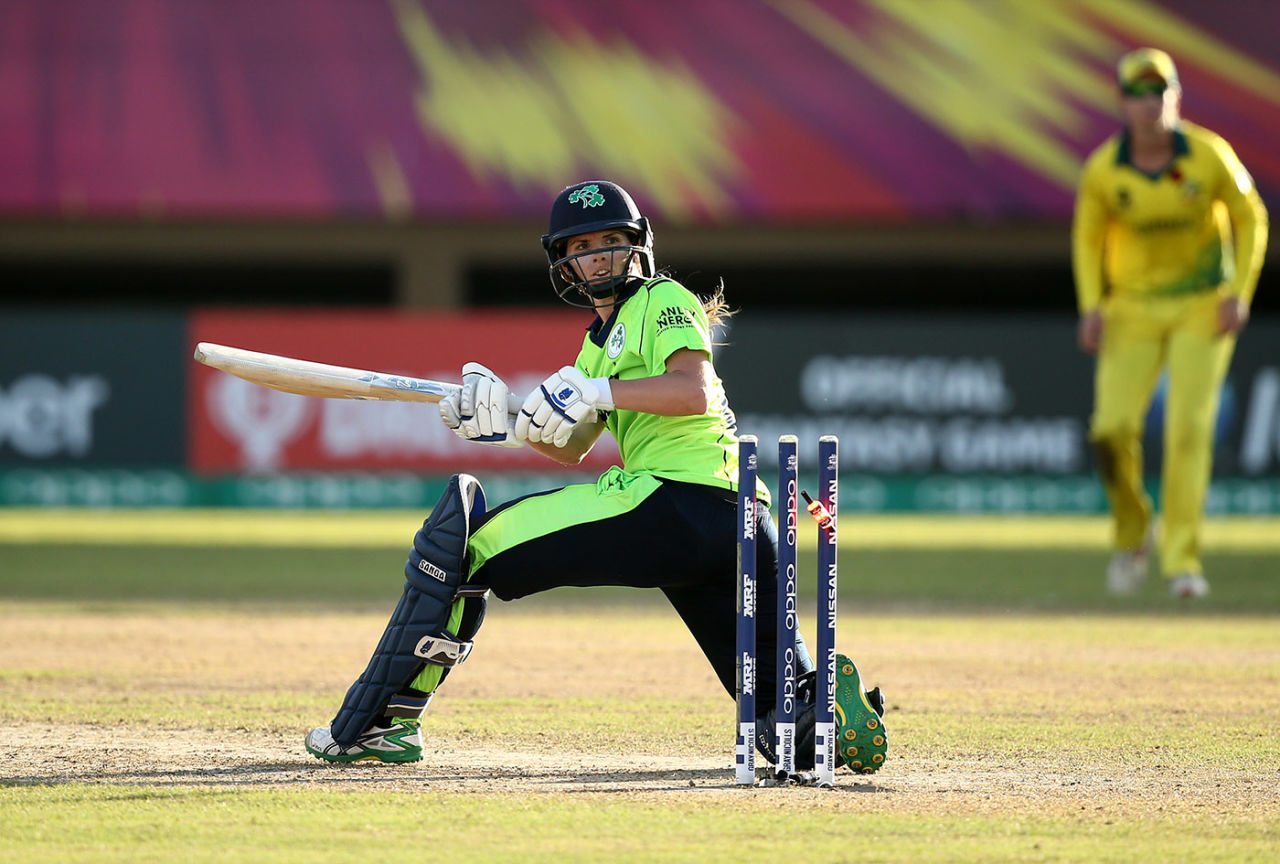 Eimear Richardson of Ireland is bowled, Ireland v Australia, ICC Women's World T20 2018, Providence, Guyana, November 11, 2018