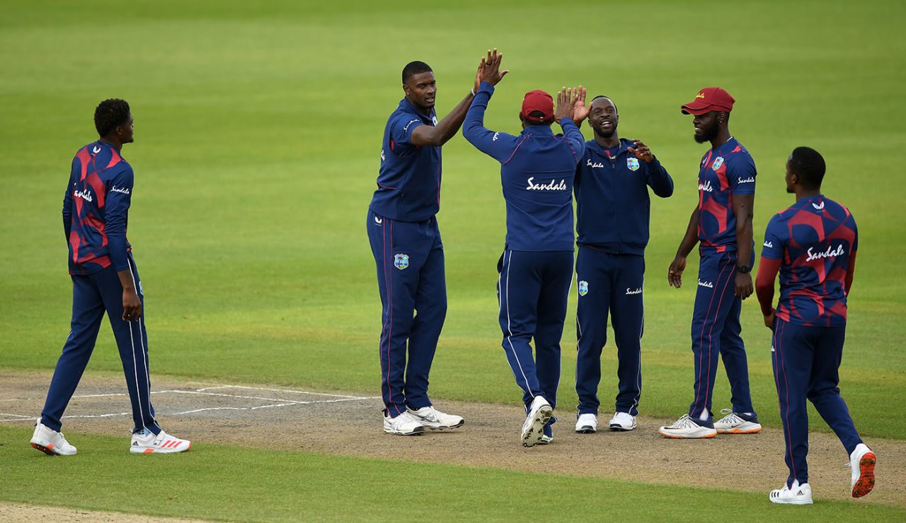 Jason Holder took a wicket in his first over of the tour, Brathwaite XI v Holder XI, West Indies intra-squad match, Old Trafford, July 1, 2020