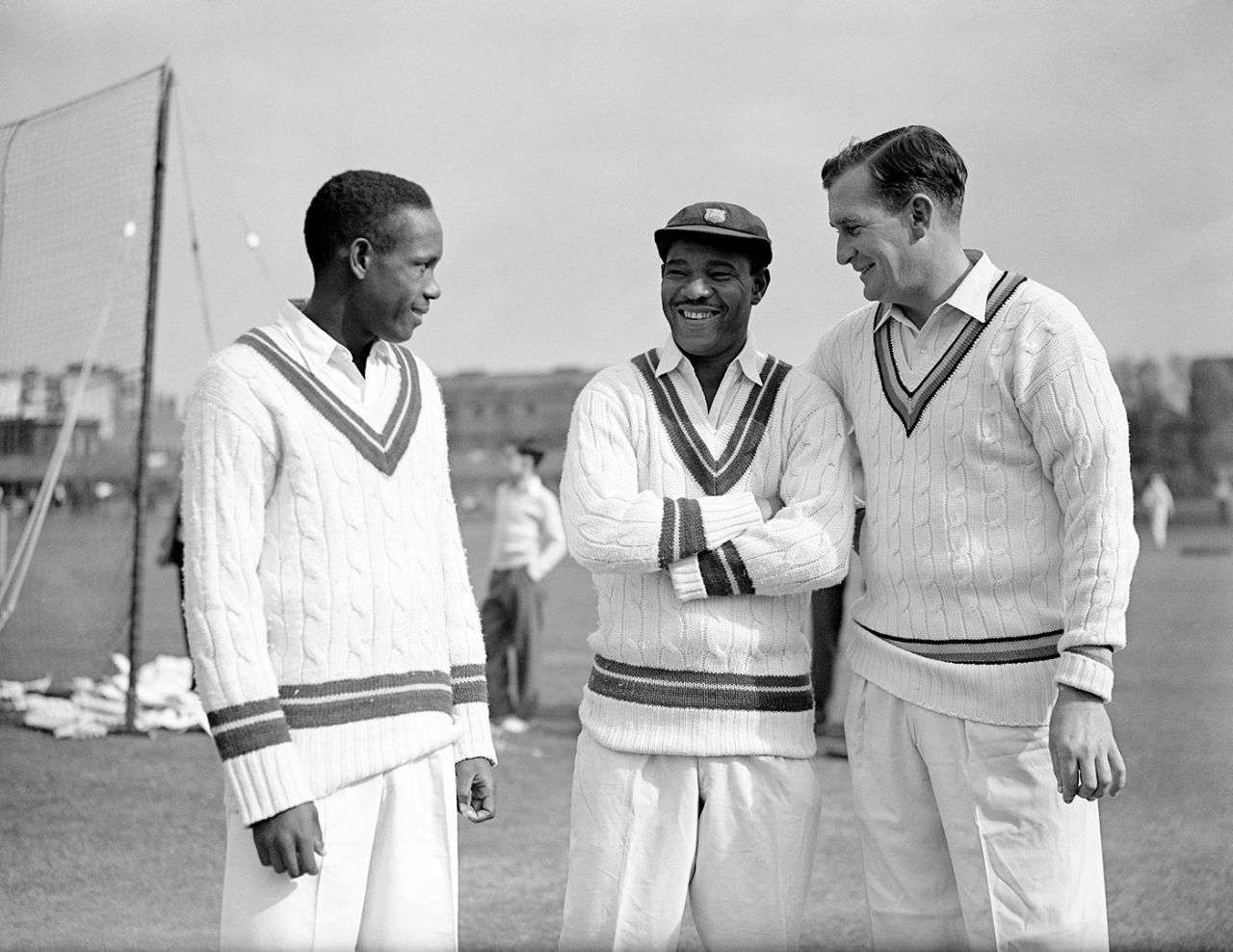 Roy Gilchrist, Everton Weekes and Jim Laker share a laugh, Lord's, April 16, 1957