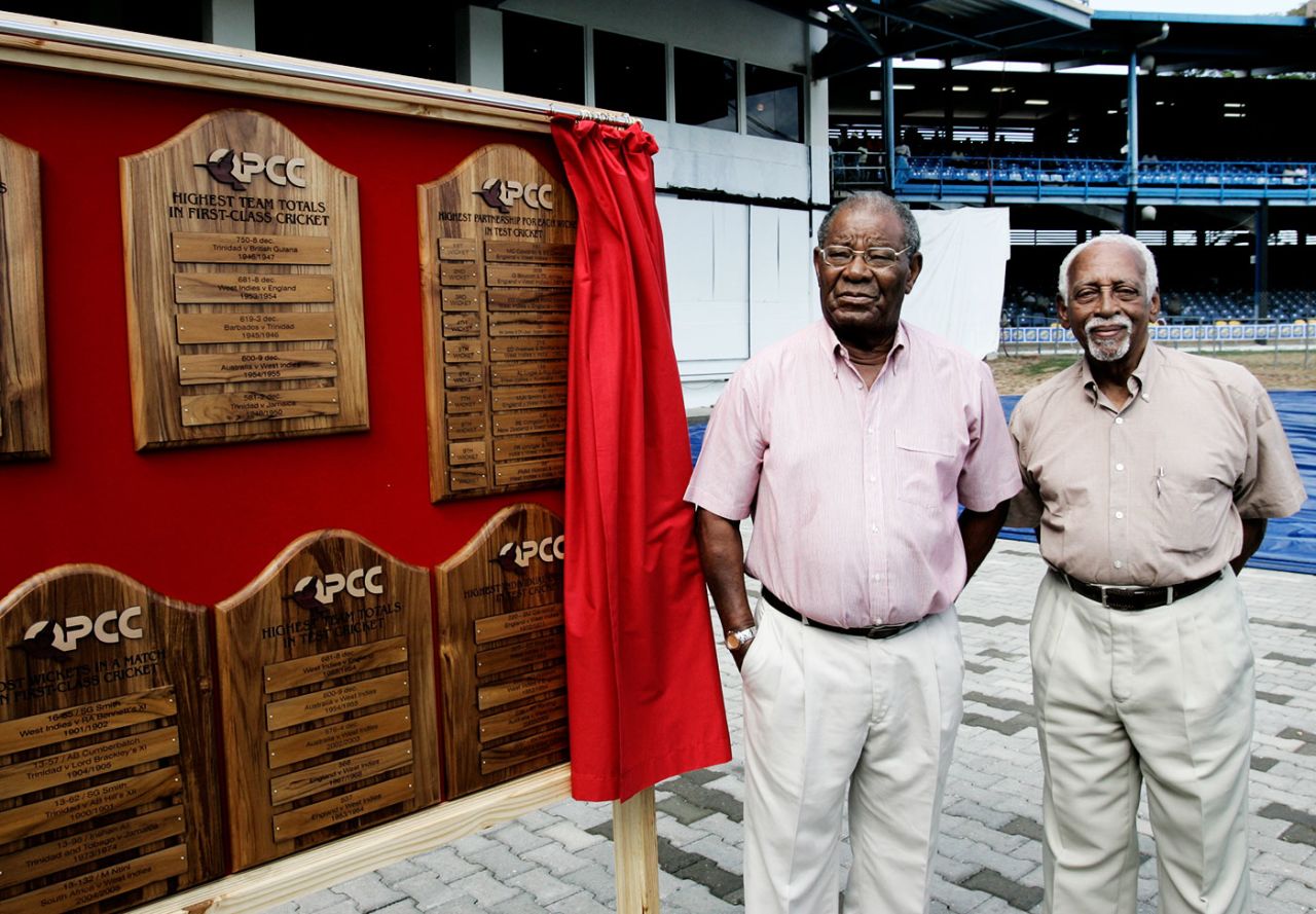 Sir Everton Weekes (left) and Andy Ganteaume stand in front of a display honouring Sir Frank Worrell during a ceremony in Port-of-Spain,  West Indies v Sri Lanka, 2nd Test, Trinidad, 3rd day, April 5, 2008 