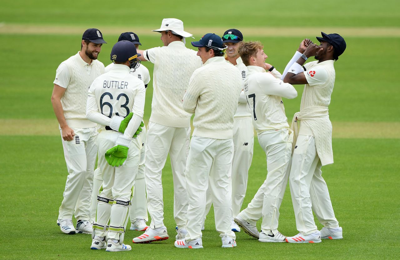 Dominic Bess and Jofra Archer celebrate by hitting elbows, Stokes v Buttler, day two, Ageas Bowl, July 02, 2020