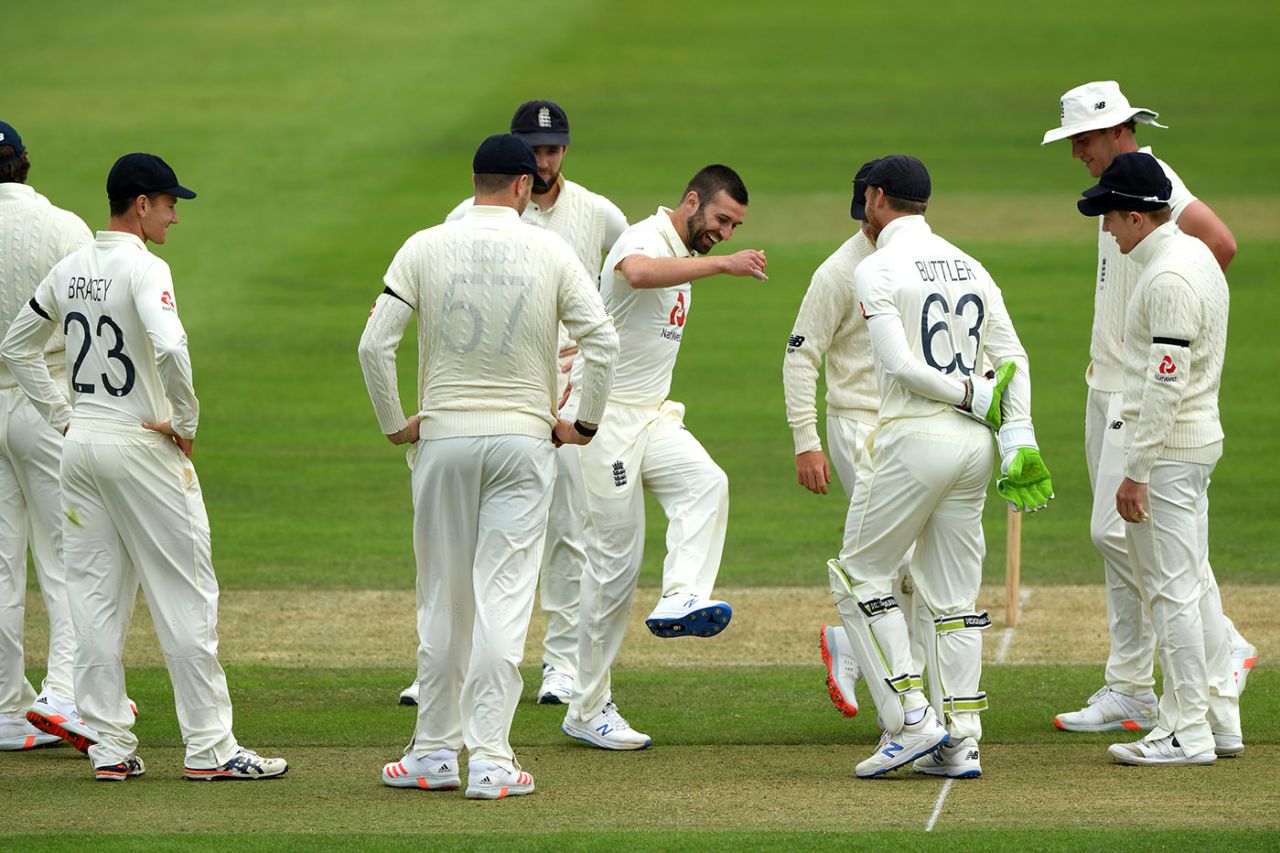 Mark Wood celebrates with team-mates after taking the wicket of Jonny Bairstow, Stokes v Buttler, day two, Ageas Bowl, July 02, 2020