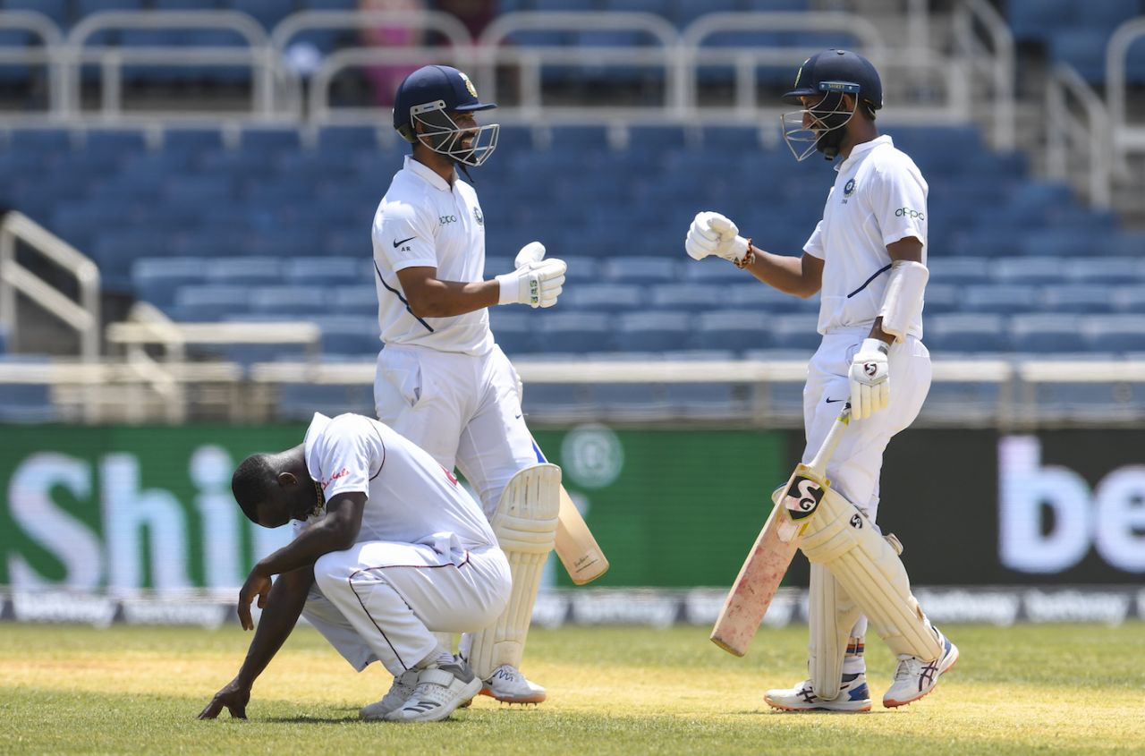 Kemar Roach slumps to the ground after missing out on the wicket of Ajinkya Rahane for a hat-trick, West Indies v India, 1st Test, North Sound, 3rd day, August 24, 2019