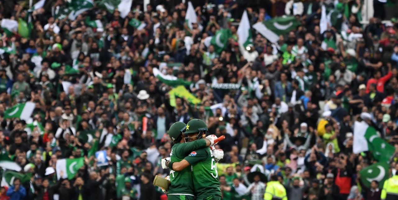 Babar Azam and Sarfaraz Ahmed celebrate after victory over New Zealand, 2019 World Cup, group stage match, New Zealand v Pakistan, Edgbaston, Birmingham, June 26, 2019