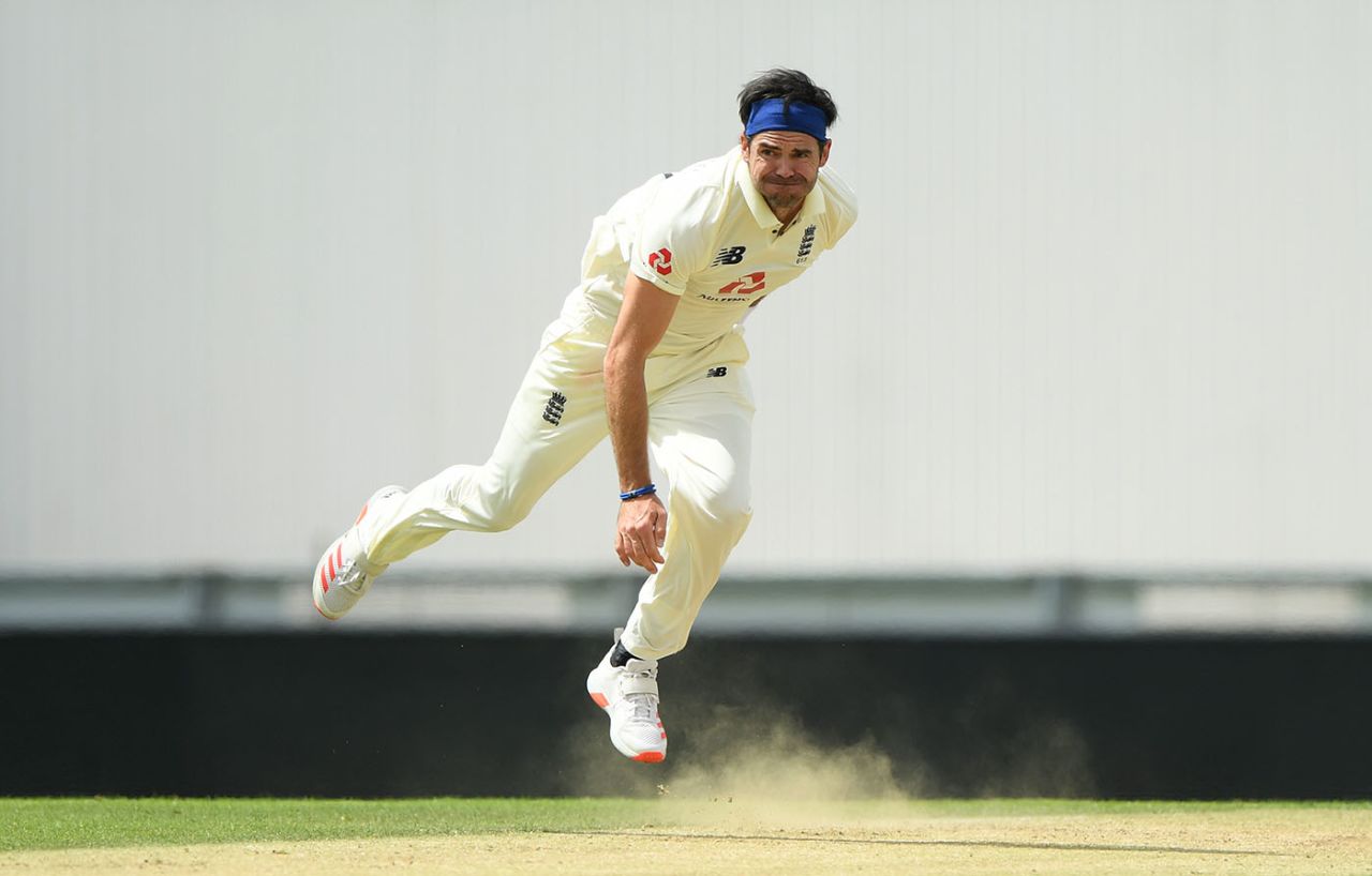 James Anderson grimaces in his follow-through, Team Stokes v Team Buttler, England intra-squad warm-up match, Day Three, Ageas Bowl, July 3, 2020