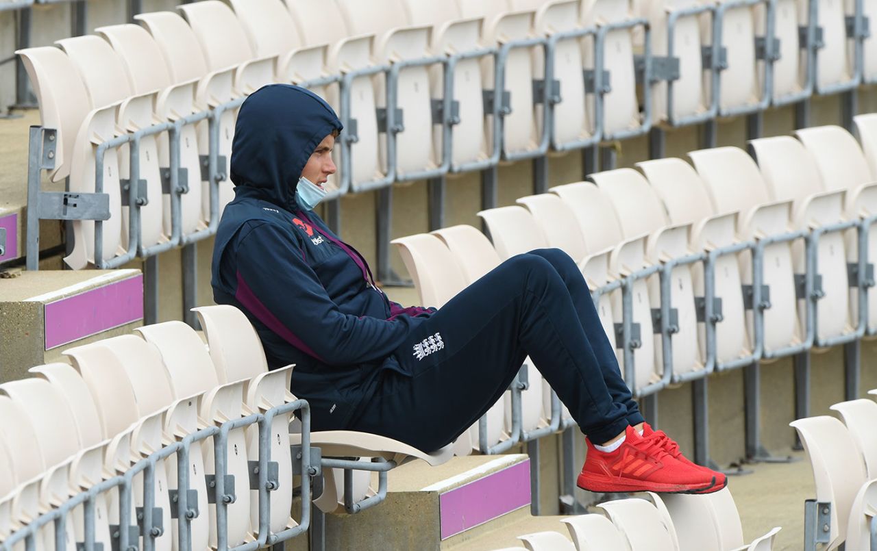 Sam Curran sits in the stands after his sickness bout, Team Stokes v Team Buttler, England intra-squad warm-up match, Day Three, Ageas Bowl, July 3, 2020
