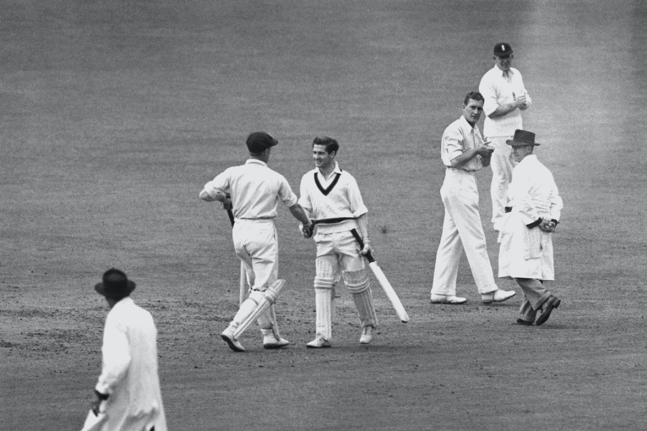 Sam Loxton congratulates teammate Neil Harvey on reaching his maiden test century, third day, fourth Test, England v Australia, The Ashes, Headingley, July 24, 1948