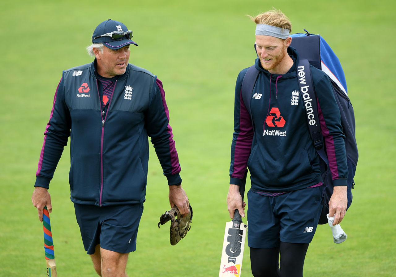Chris Silverwood chats with stand-in Test captain Ben Stokes, Ageas Bowl, July 6, 2020