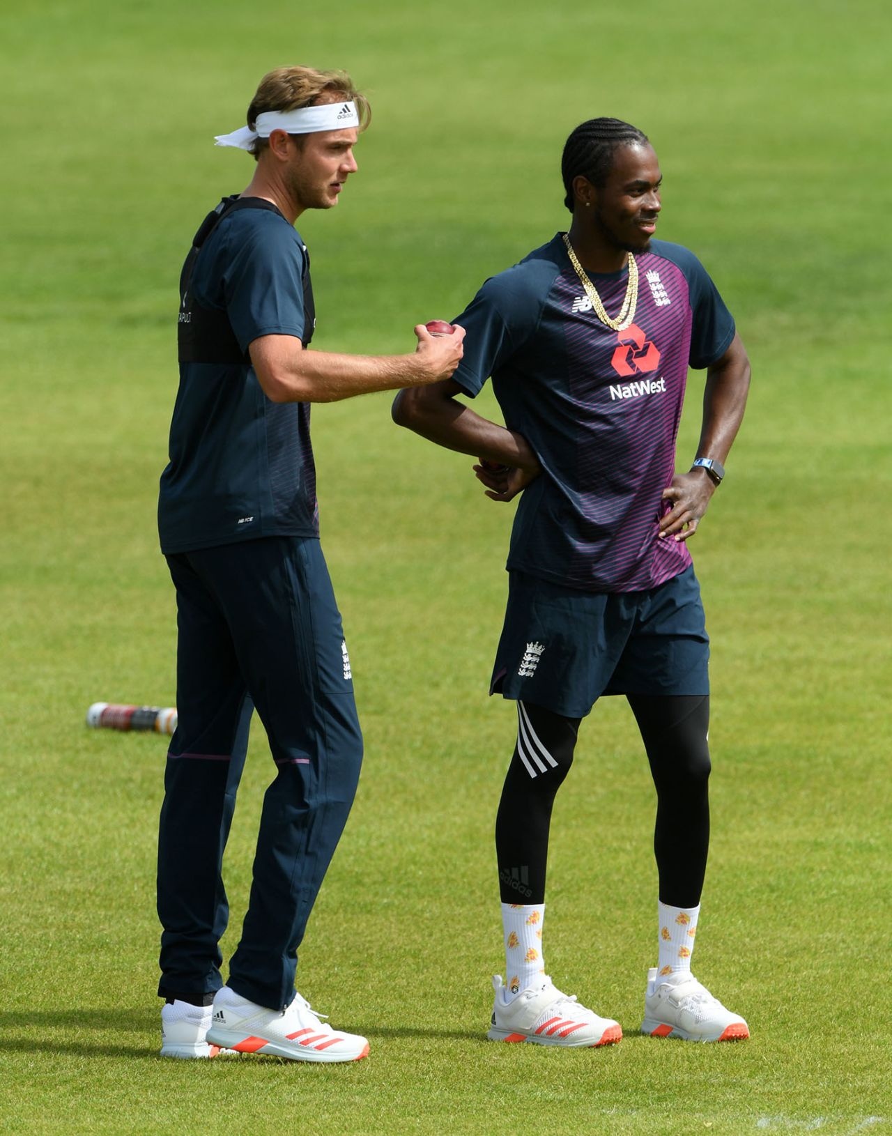 Stuart Broad and Jofra Archer chat in the nets, Ageas Bowl, July 6, 2020