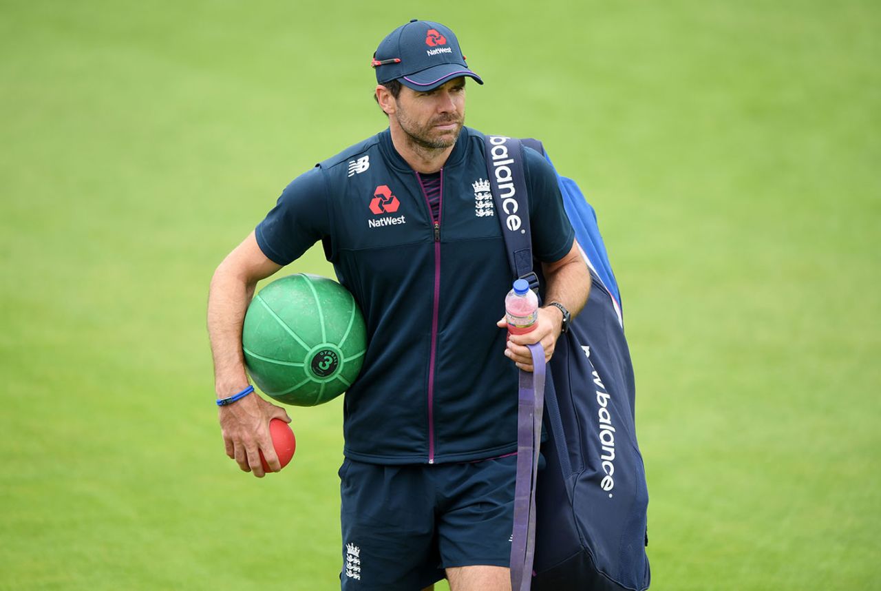 James Anderson looks on in training, Ageas Bowl, July 6, 2020