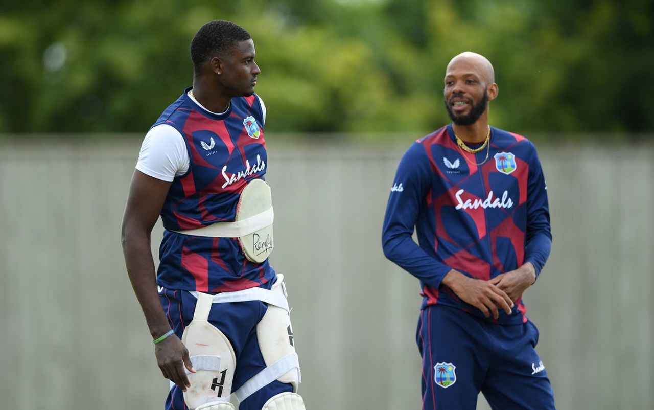 Jason Holder and Roston Chase look on, West Indies training, Ageas Bowl, July 6, 2020