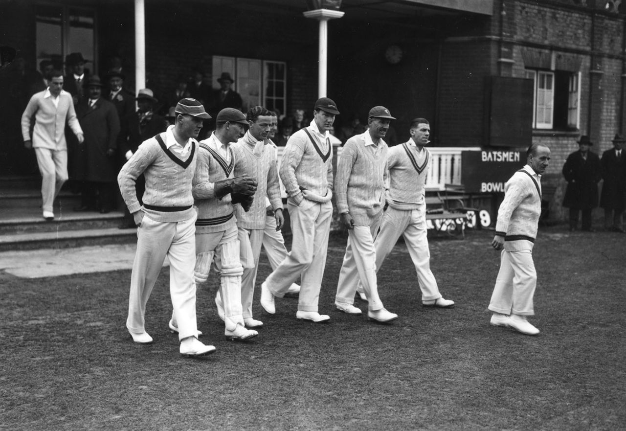 Hopper Levett (with gloves) follows Alfred 'Tich' Freeman onto the field, A P Freeman XI v West Indies, Gravesend, Kent, April 22, 1933