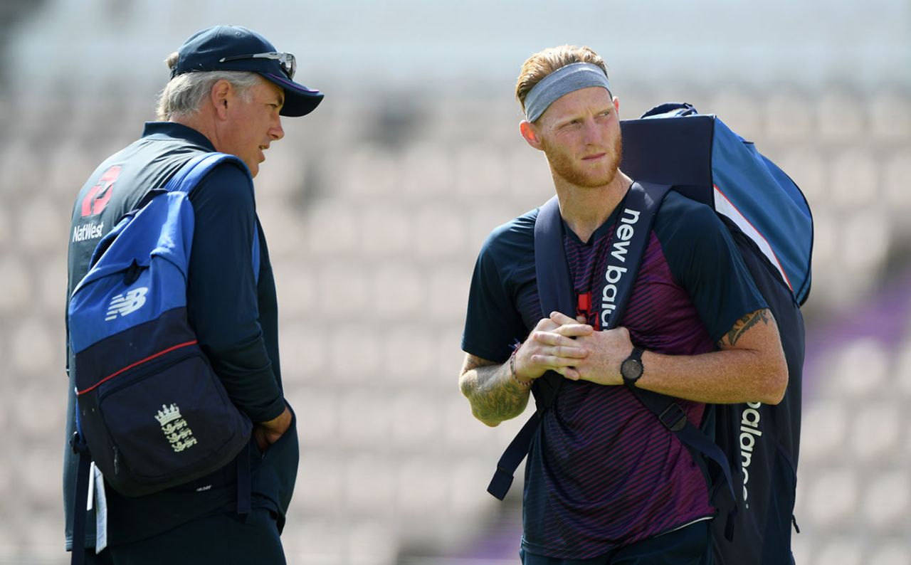 Ben Stokes chats to England coach Chris Silverwood in training, Ageas Bowl, July 6, 2020