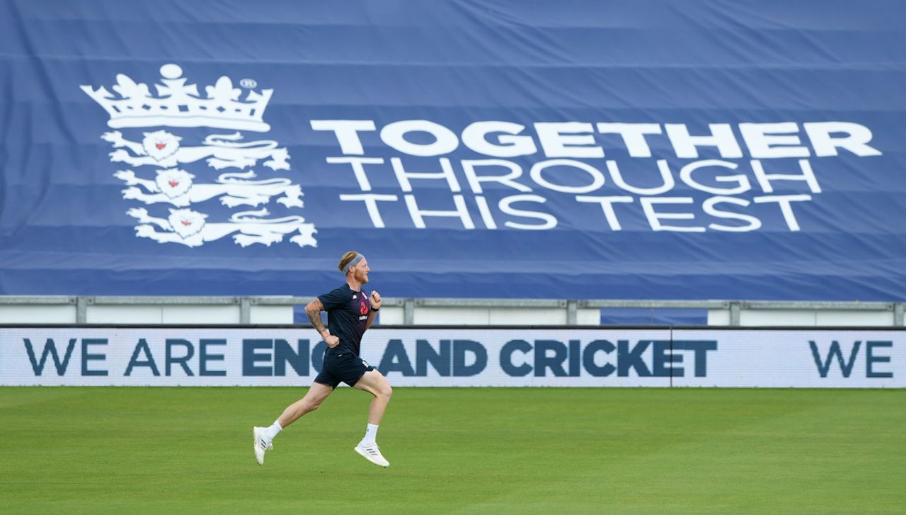 Ben Stokes trains in front of a banner covering the empty stands, Ageas Bowl, July 7, 2020