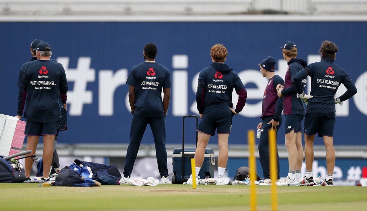 England players warm up displaying key workers' names on the backs of their shirts, England v West Indies, 1st Test, day 1, Southampton, July 08, 2020