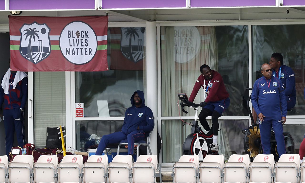 West Indies' dressing room during day one of the 1st #RaiseTheBat Test match at The Ageas Bowl, England v West Indies, 1st Test, day 1, Southampton, July 08, 2020