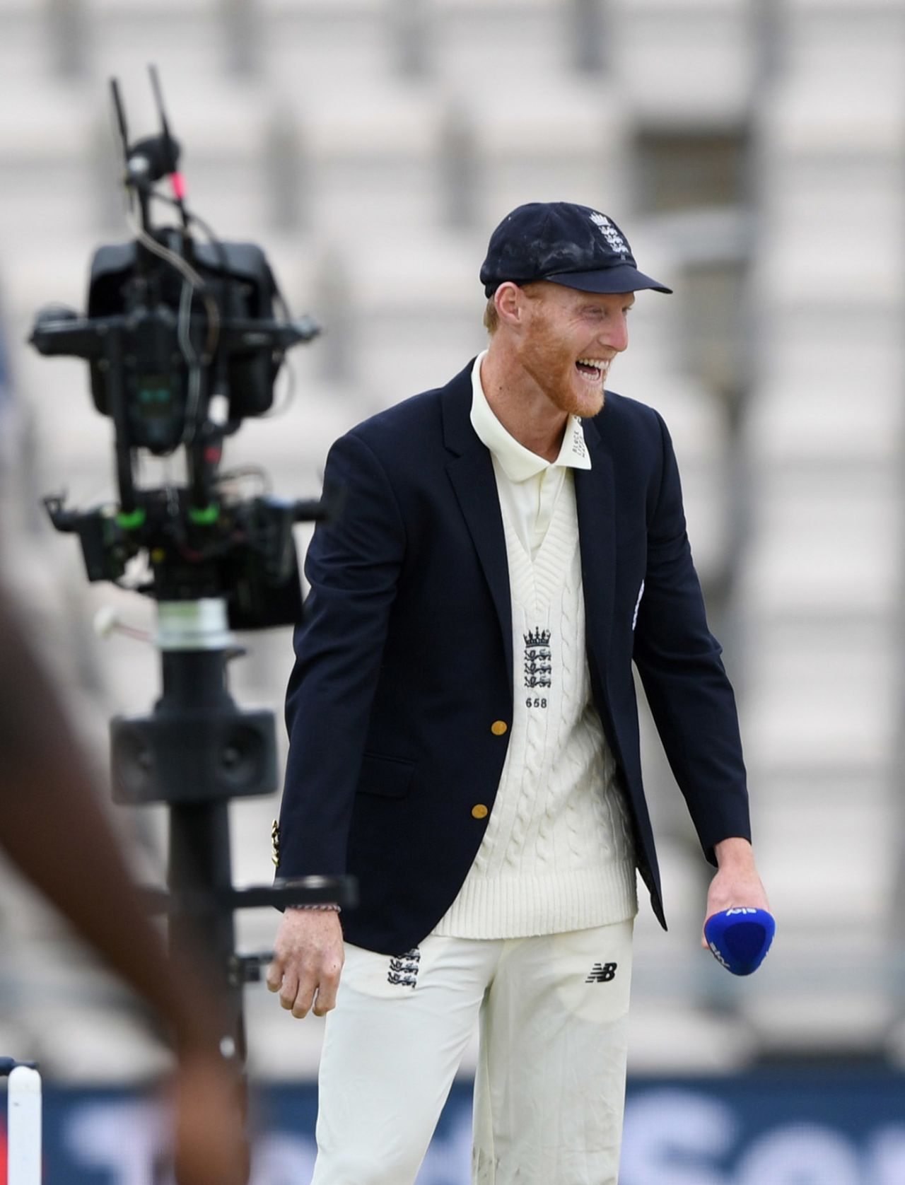 Ben Stokes laughs after a fumbled fist-bump-handshake with Jason Holder at the toss, England v West Indies, 1st Test, day 1, Southampton, July 08, 2020