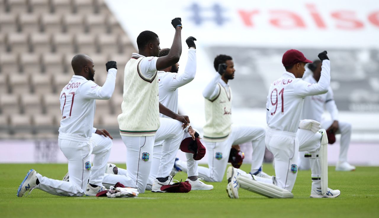 West Indies' players take a knee in support of Black Lives Matter, England v West Indies, 1st Test, day 1, Southampton, July 08, 2020