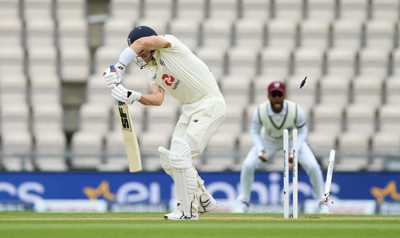 Joe Denly is bowled by Shannon Gabriel, England v West Indies, 1st Test, day 2, Southampton, July 09, 2020