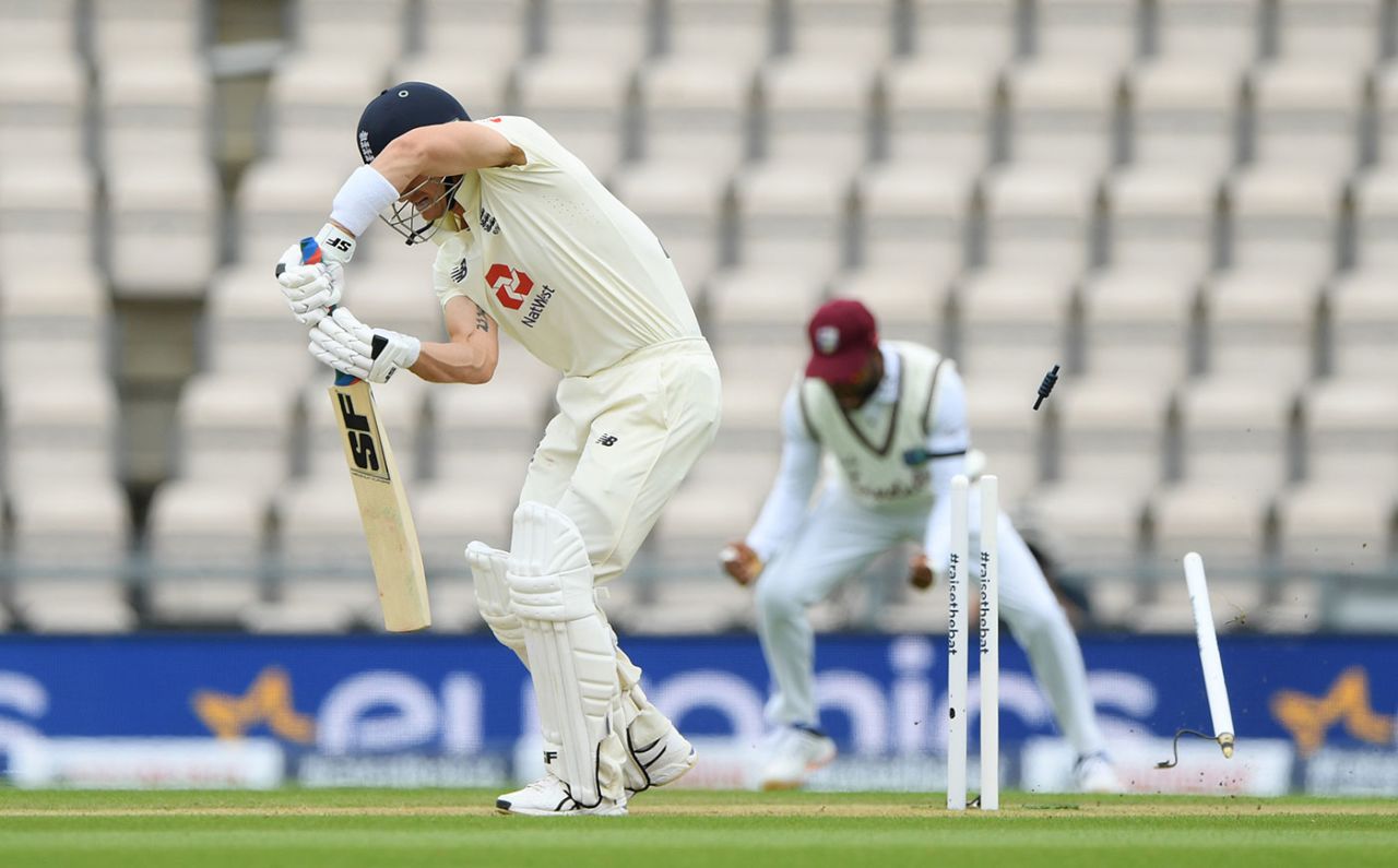 Joe Denly is bowled by Shannon Gabriel, England v West Indies, 1st Test, 2nd day, Southampton, July 09, 2020