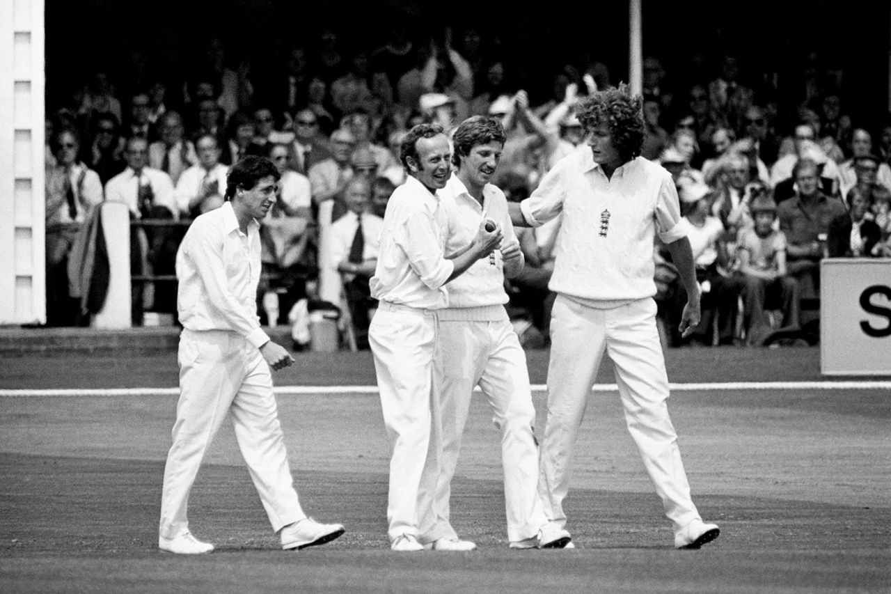 Derek Underwood, Bob Willis and Derek Randall congratulate Ian Botham on taking a catch, England v Australia, 3rd Test, Trent Bridge, 1st day, July 28, 1977