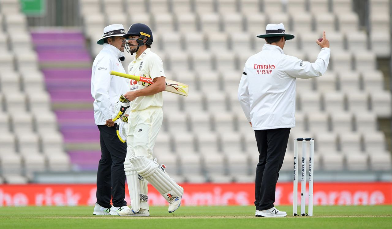 Rory Burns leaves the field after being dismissed by Shannon Gabriel on review, England v West Indies, 1st Test, day 2, Southampton, July 09, 2020