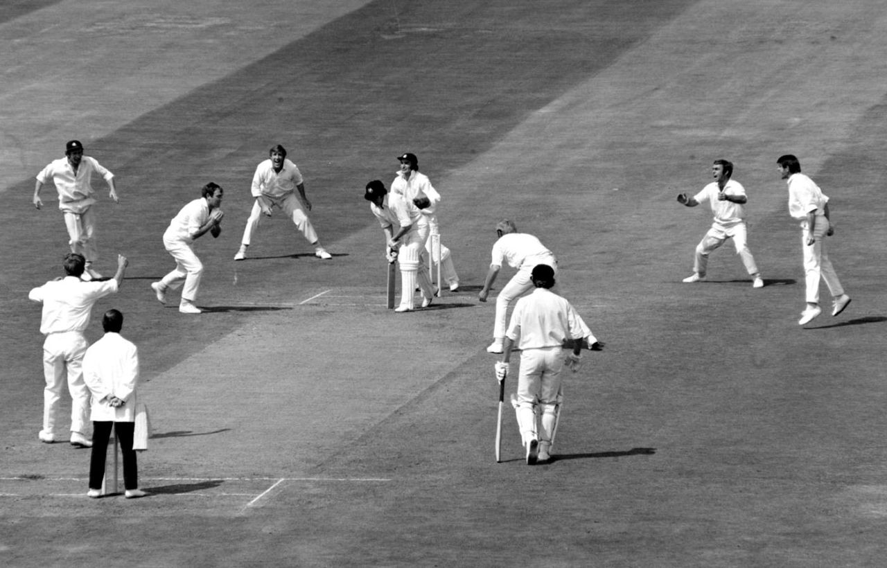 Ray Illingworth takes a catch to dismiss John Inverarity for a first-ball duck off Derek Underwood, England v Australia, 4th Test, Headingley, 3rd day, July 29, 1972