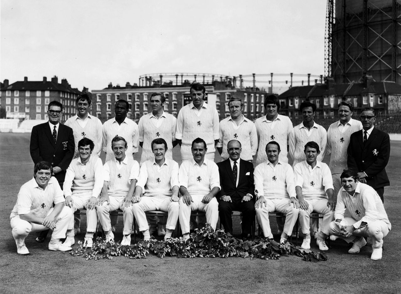 The Kent squad for a County Championship game against Surrey, The Oval. Standing (left to right): L Kilby (masseur), Bob Woolmer, John Shepherd, Alan Brown, Norm Graham, John Dye, Graham Johnson, Asif Iqbal, Colin Page and C Lewis (scorer). Seated: David Nicholls, Alan Knott, Derek Underwood, Mike Denness, Colin Cowdrey, Les Ames (secretary), Stuart Leary, Brian Luckhurst and Alan Ealham, September 10, 1970