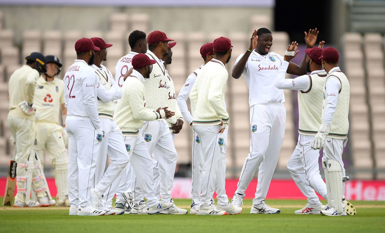 Jason Holder celebrates with team-mates after dismissing Jofra Archer, England v West Indies, 1st Test, day 2, Southampton, July 09, 2020