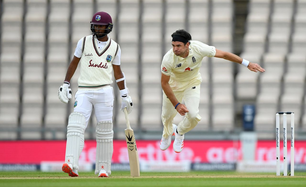 James Anderson in action, England v West Indies, 1st Test, day 2, Southampton, July 09, 2020