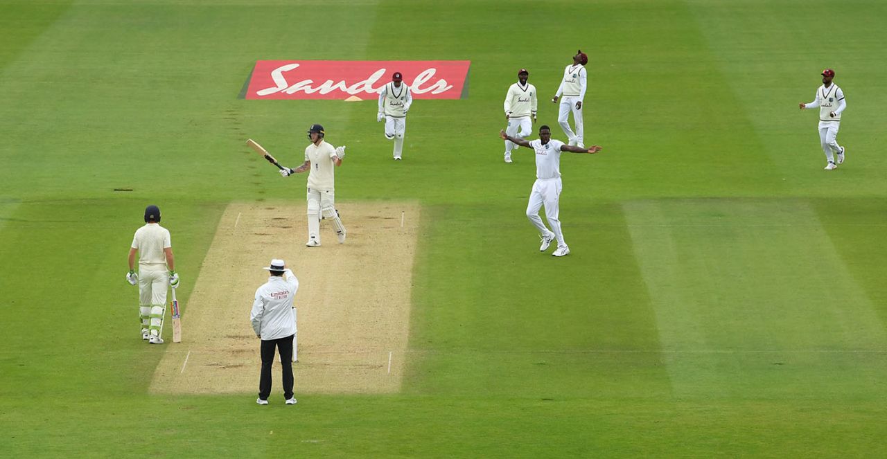 Jason Holder celebrates dismissing Ben Stokes, England v West Indies, 1st Test, day 2, Southampton, July 09, 2020
