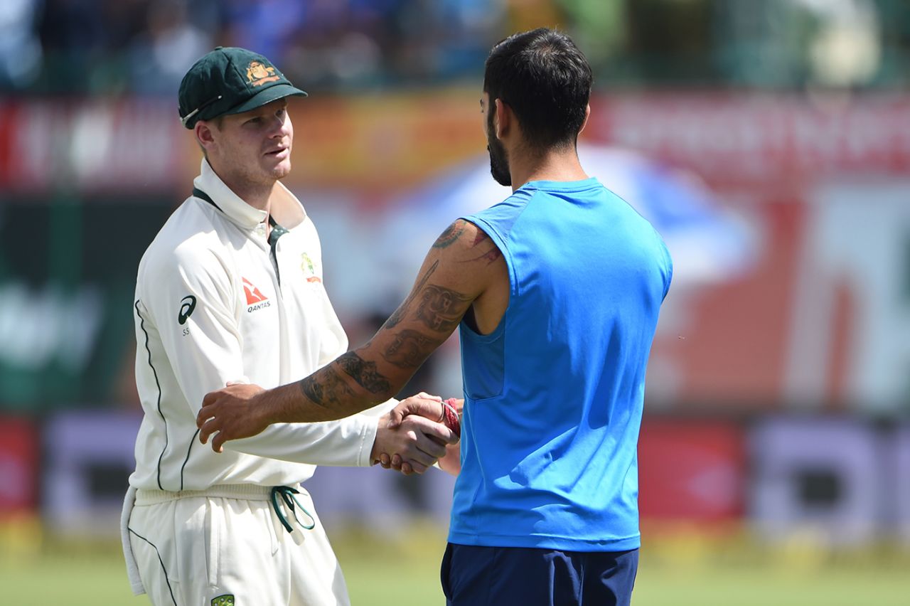Steven Smith and Virat Kohli shake hands at the end of the match, India v Australia, 4th Test, Dharamsala, 4th day, March 28, 2017