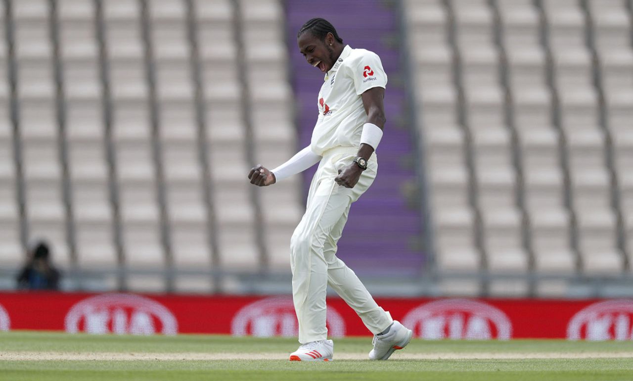 Jofra Archer celebrates in vain before his dismissal of Shai Hope is disallowed on a no-ball, England v West Indies, 1st Test, day 3, Southampton, July 10, 2020