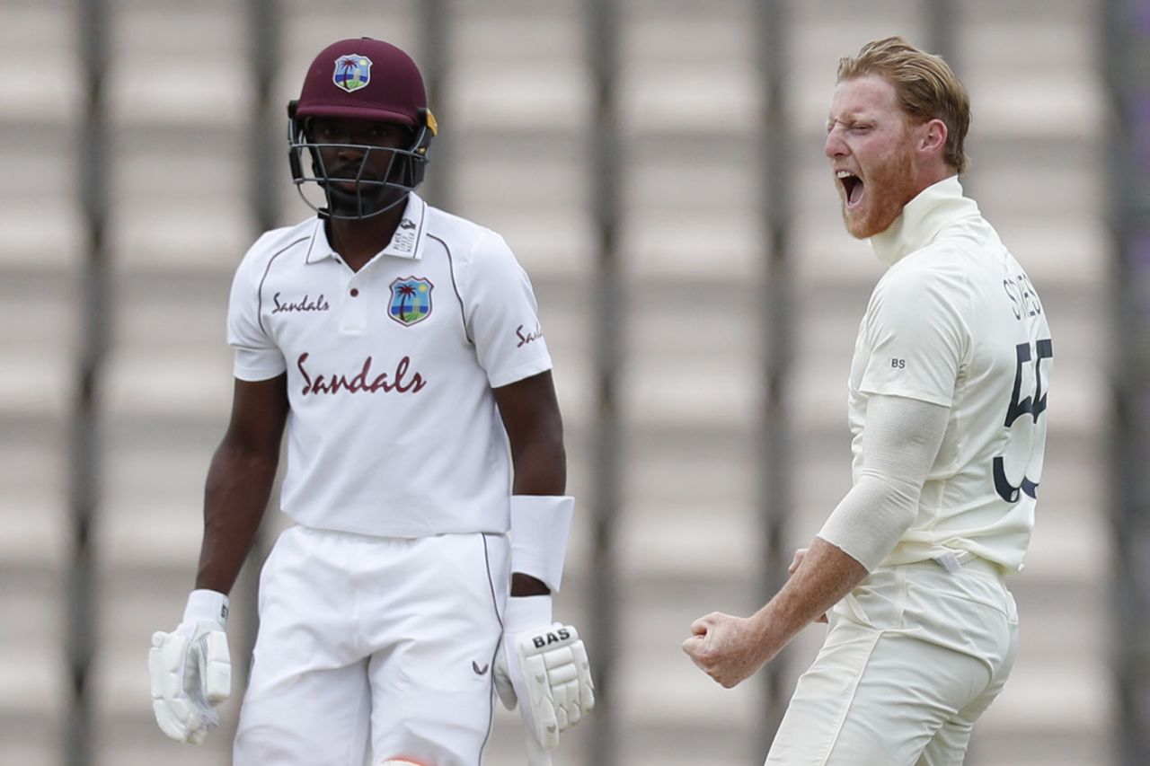 Ben Stokes roars after taking the wicket of Kraigg Brathwaite, England v West Indies, 1st Test, 3rd day, Southampton