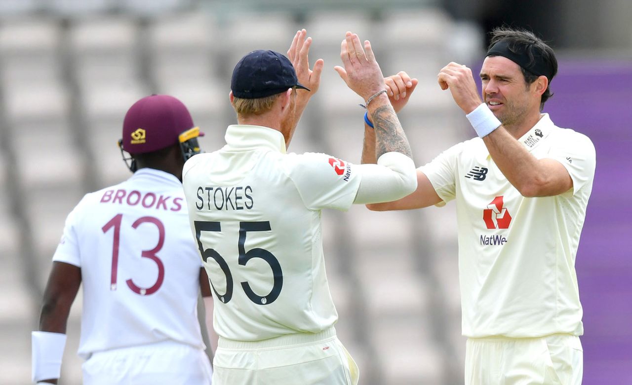 James Anderson celebrates after taking the wicket of Sharmarh Brooks, England v West Indies, 1st Test, 3rd day, Southampton