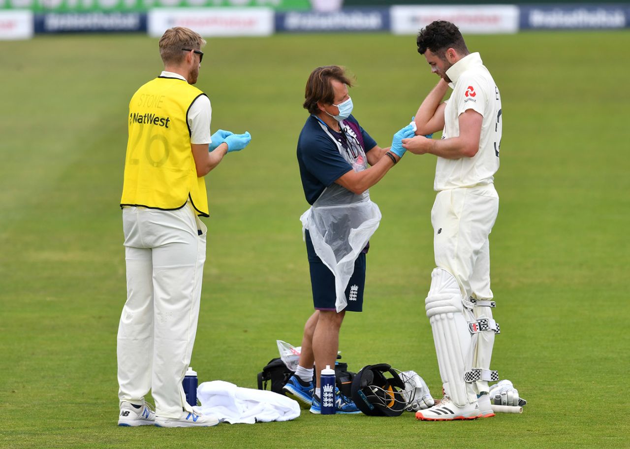 Dom Sibley has treatment on a cut elbow after he was struck by a Jason Holder delivery, England v West Indies, 1st Test, 4th day, Southampton, July 11, 2020
