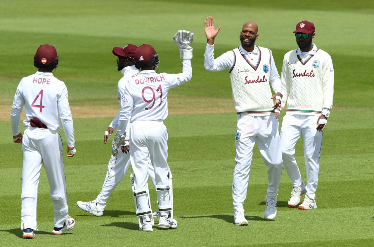 Roston Chase celebrates after dismissing Rory Burns, England v West Indies, 1st Test, 4th day, Southampton, July 11, 2020