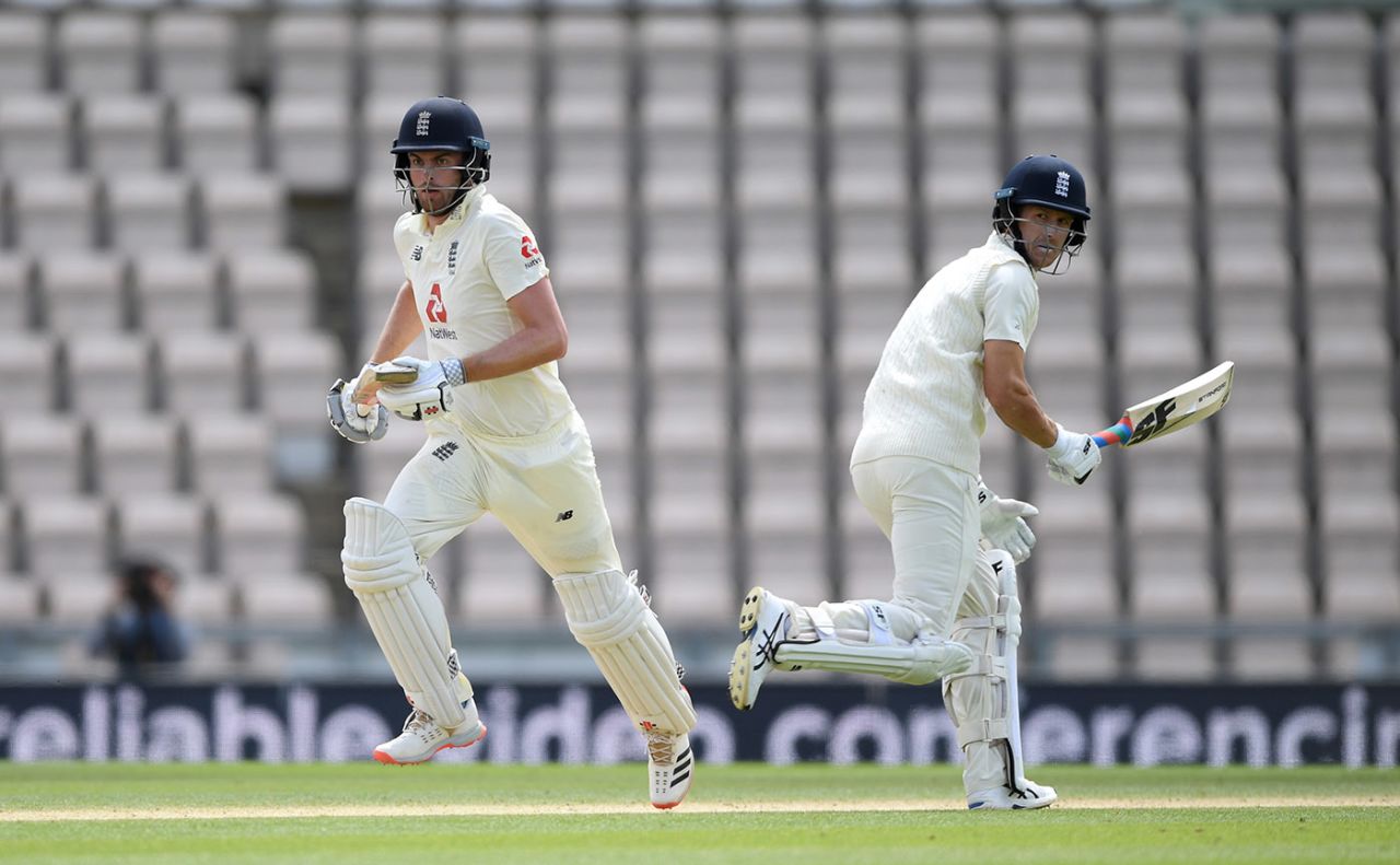 Dom Sibley and Joe Denly run between the wickets, England v West Indies, 1st Test, 4th day, Southampton, July 11, 2020